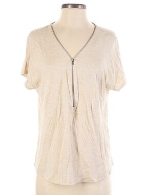 NWT Entro Linen Rayon Cream Short Sleeve Zip V-Neck Blouse